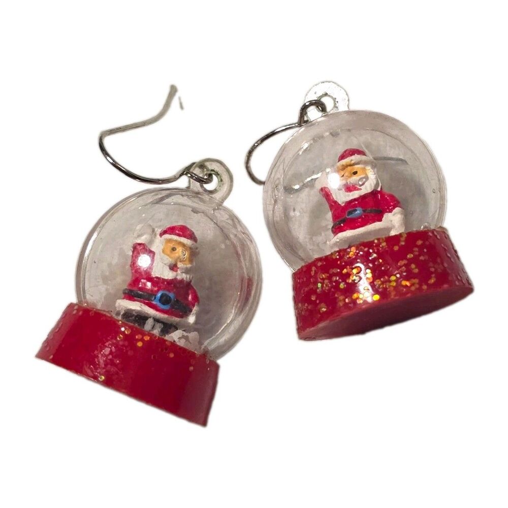 Vtg Santa Claus Snow Globe Red Glitter Plastic Dangle Drop Hook Earrings Holiday